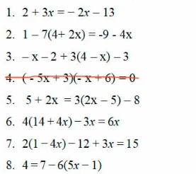 Решите уравнения: 1. 2 + 3x = -2x - 13; 2. 1 - 7(4 + 2x) = -9 - 4x; 3. -x - 2 + 3(4 - x) - 3; 5. 5 + 2x = 3(2x - 5) - 8; 6. 4(14 + 4x) - 3x = 6x; 7. 2(1 - 4x) - 12 + 3x = 15; 8. 4 = 7 - 6(5x - 1)