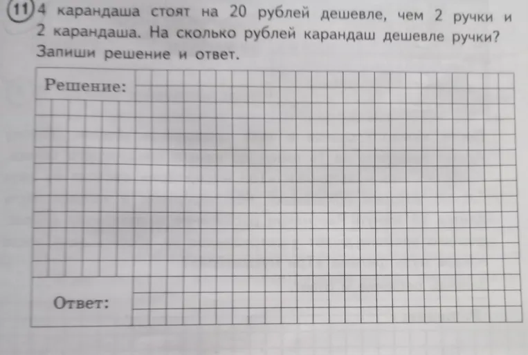 4 карандаша стоят на 20 рублей дешевле, чем 2 ручки и 2 карандаша. На сколько рублей карандаш дешевле ручки?