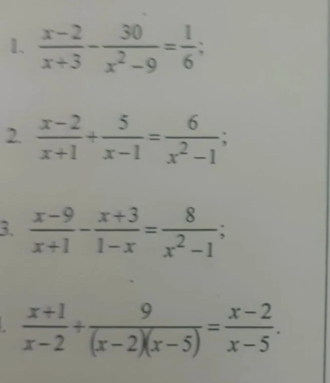 Решите уравнения: 1) (x-2)/(x+3) - 30/(x^2-9) = 1/6; 2) (x-2)/(x+1) + 5/(x-1) = 6/(x^2-1); 3) (x-9)/(x+1) - (x+3)/(1-x) = 8/(x^2-1); 4) (x+1)/(x-2) + 9/((x-2)(x-5)) = (x-2)/(x-5)