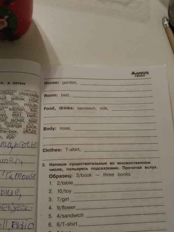 Напиши существительные во множественном числе, пользуясь подсказками.