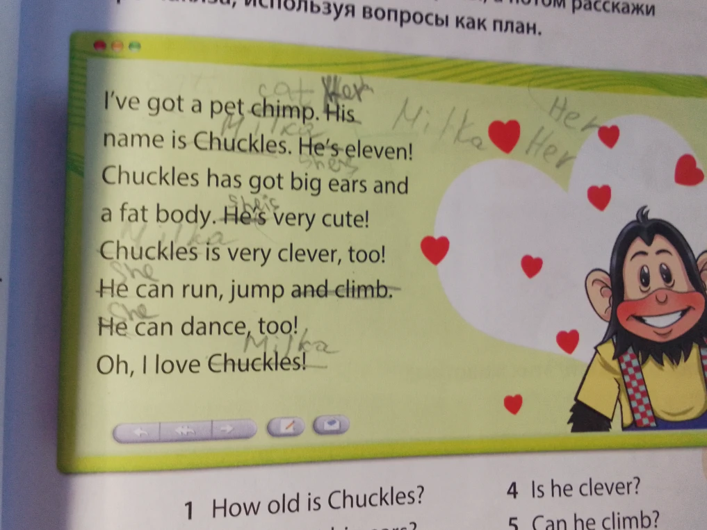 Ответьте на вопросы по тексту: 1 How old is Chuckles? 4 Is he clever? 5 Can he climb?