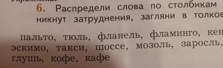 Распредели слова по столбикам: пальто, тюль, фланель, фламинго, кенгуру, эскимо, такси, шоссе, мозоль, заросль, глушь, кофе, кафе