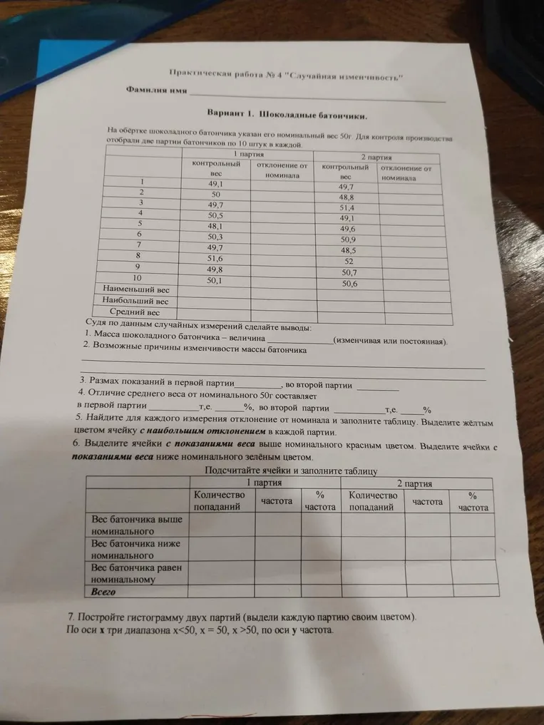 Практическая работа № 4 'Случайная изменчивость'. Вариант 1. Шоколадные батончики.