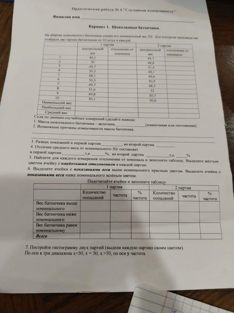 Практическая работа № 4 'Случайная изменчивость'. Вариант 1. Шоколадные батончики.