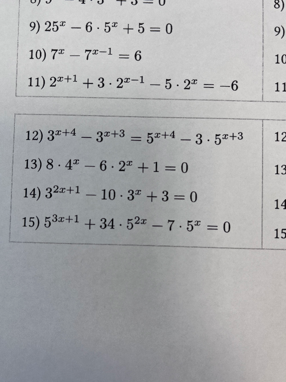Решите уравнения: 12) 3^{x+4} - 3^{x+3} = 5^{x+4} - 3 * 5^{x+3}, 13) 8 * 4^x - 6 * 2^x + 1 = 0, 14) 3^{2x+1} - 10 * 3^x + 3 = 0, 15) 5^{3x+1} + 34 * 5^{2x} - 7 * 5^x = 0