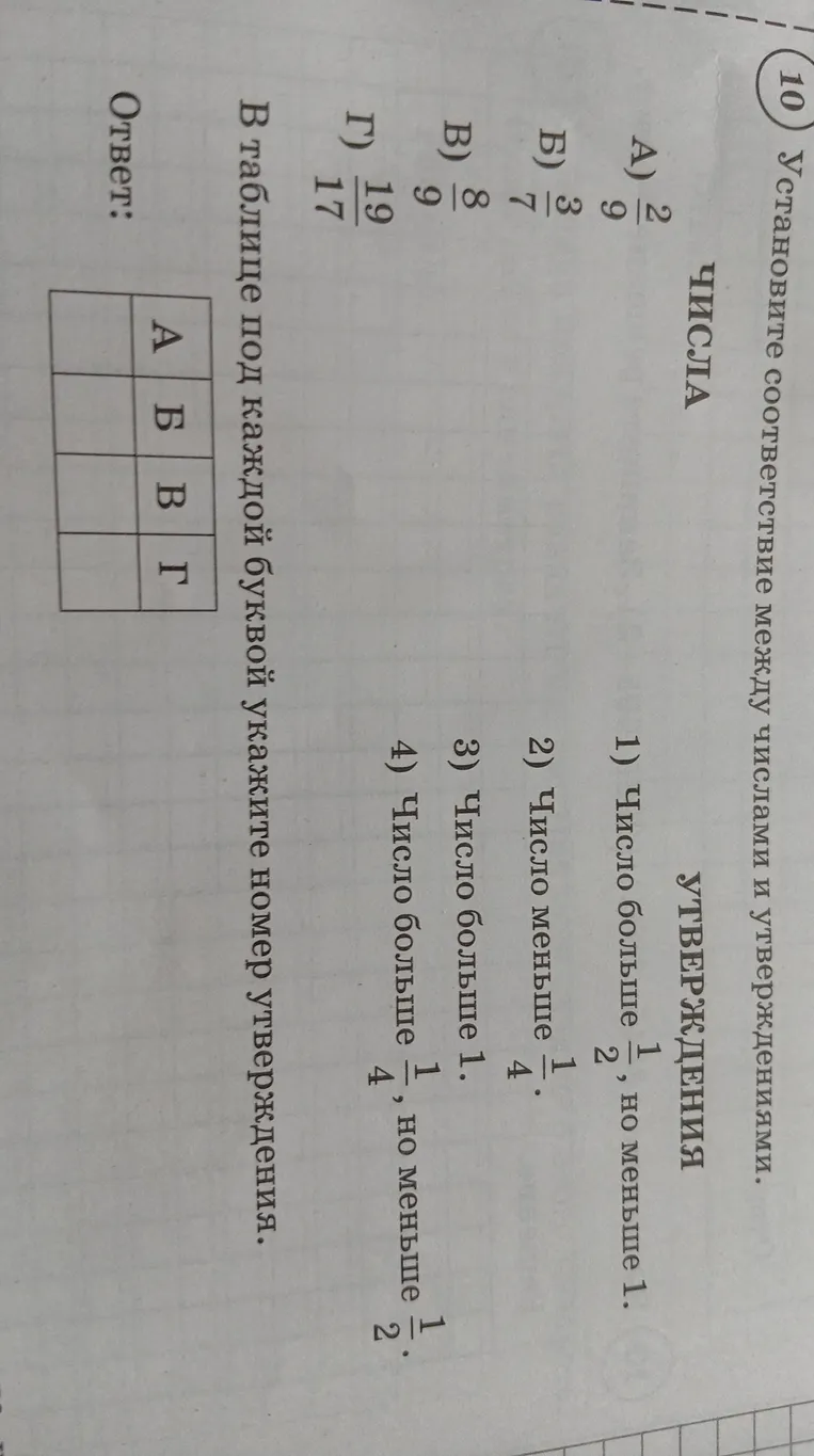 Установите соответствие между числами и утверждениями: А) 2/9, Б) 3/7, В) 8/9, Г) 19/17.
