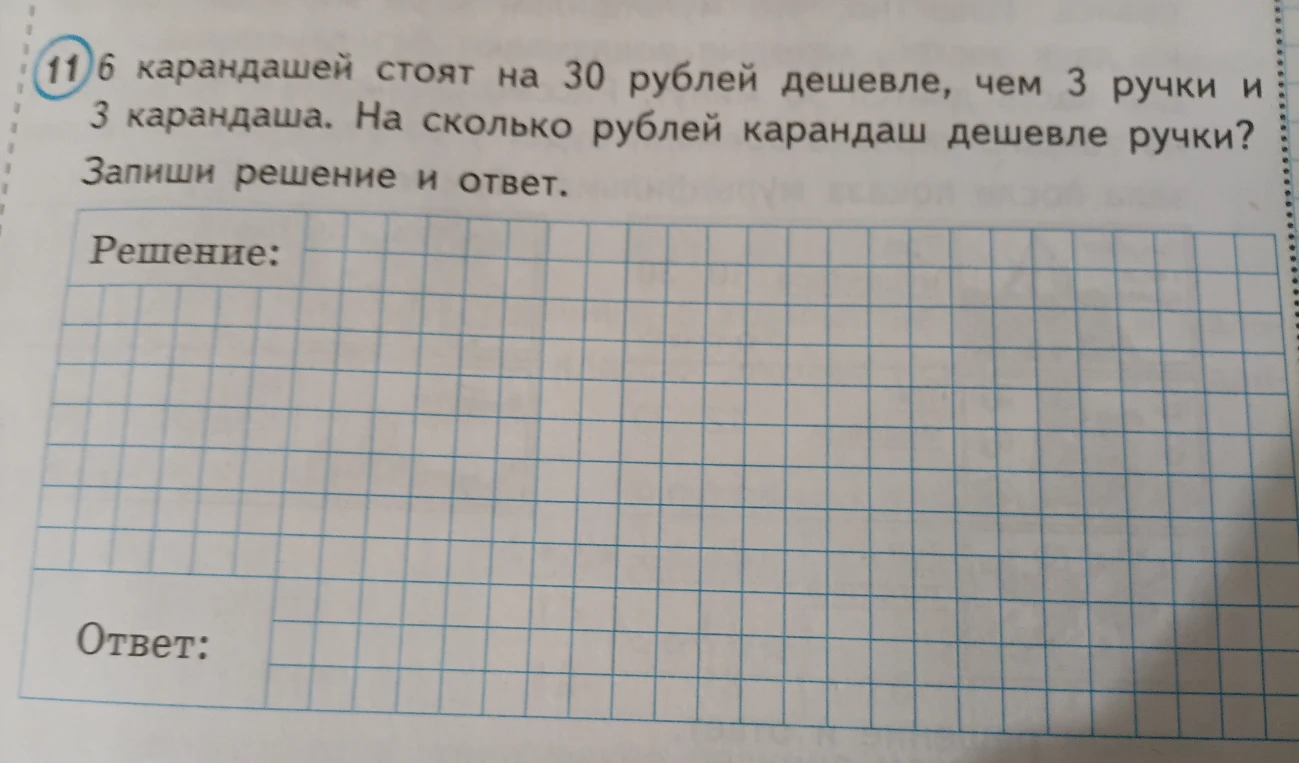 6 карандашей стоят на 30 рублей дешевле, чем 3 ручки и 3 карандаша. На сколько рублей карандаш дешевле ручки?