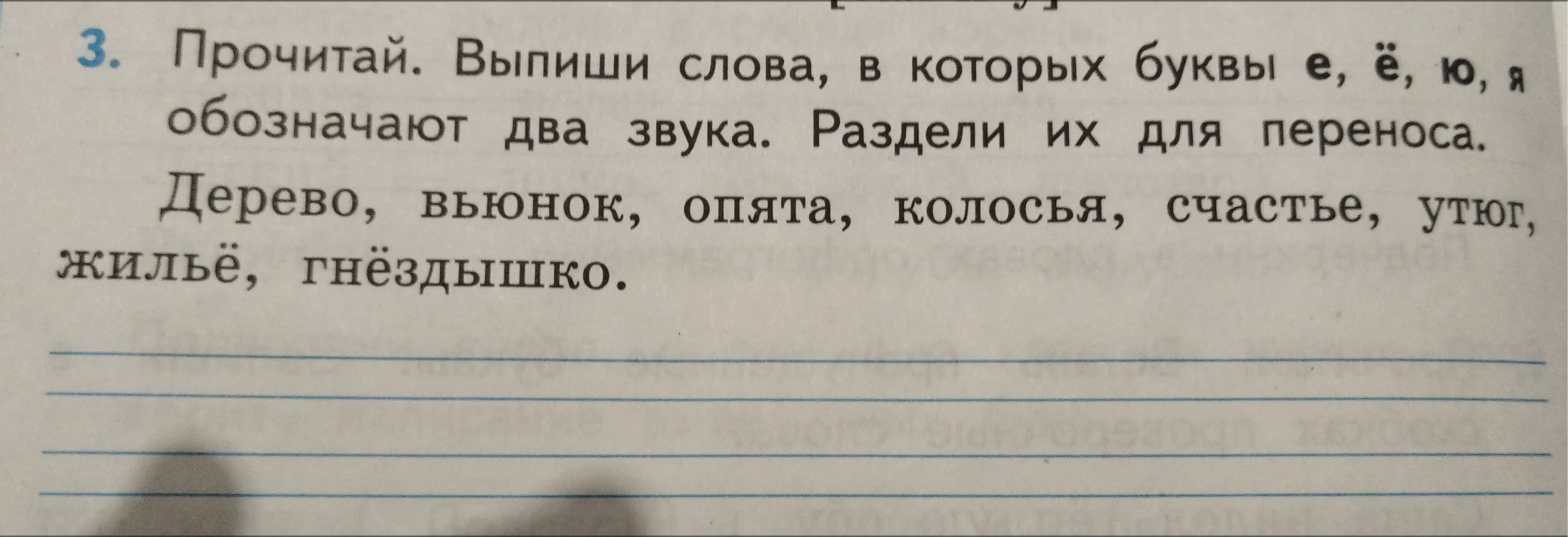 Прочитай. Выпиши слова, в которых буквы е, ё, ю, я обозначают два звука. Раздели их для переноса.