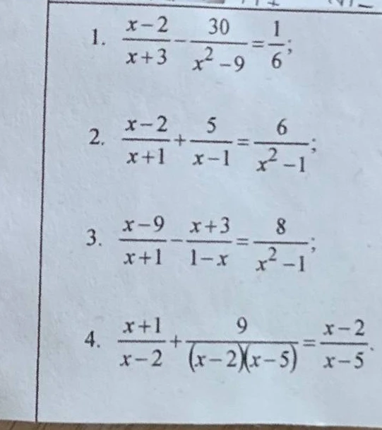 Решите уравнения: 1) (x-2)/(x+3) - 30/(x^2-9) = 1/6; 2) (x-2)/(x+1) + 5/(x-1) = 6/(x^2-1); 3) (x-9)/(x+1) - (x+3)/(1-x) = 8/(x^2-1); 4) (x+1)/(x-2) + 9/((x-2)(x-5)) = (x-2)/(x-5)