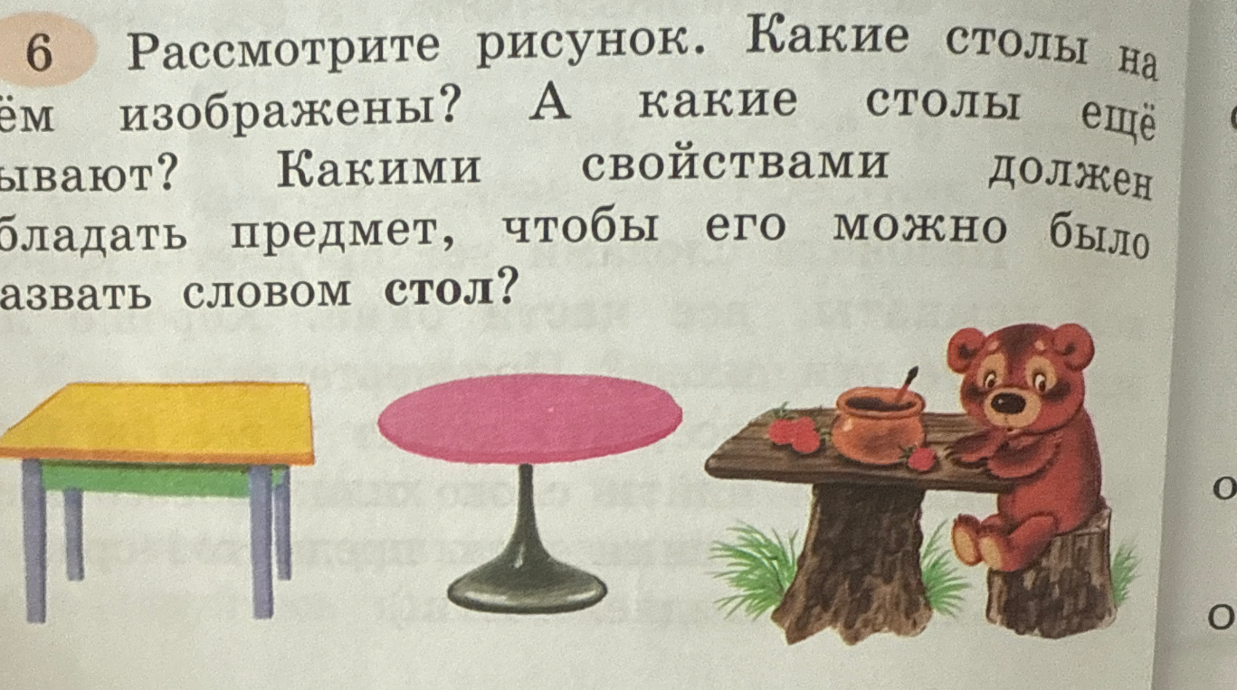 Рассмотрите рисунок. Какие столы на нём изображены? А какие столы ещё бывают? Какими свойствами должен обладать предмет, чтобы его можно было назвать словом стол?