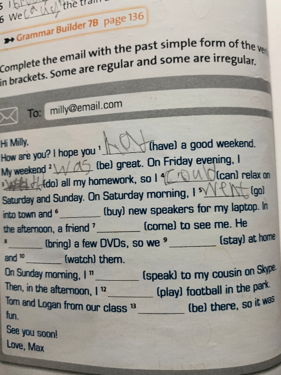 Complete the email with the past simple form of the verbs in brackets. Some are regular and some are irregular.