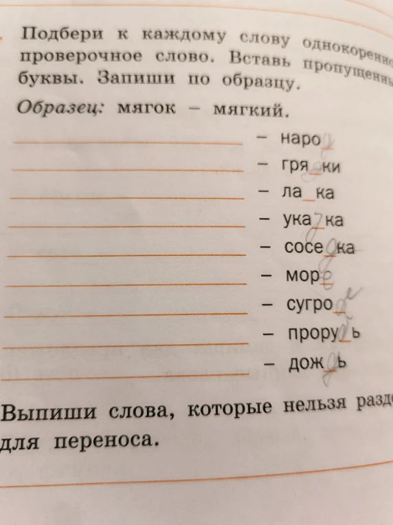 Подбери к каждому слову однокоренное проверочное слово. Вставь пропущенные буквы. Запиши по образцу. Выпиши слова, которые нельзя разделить для переноса.