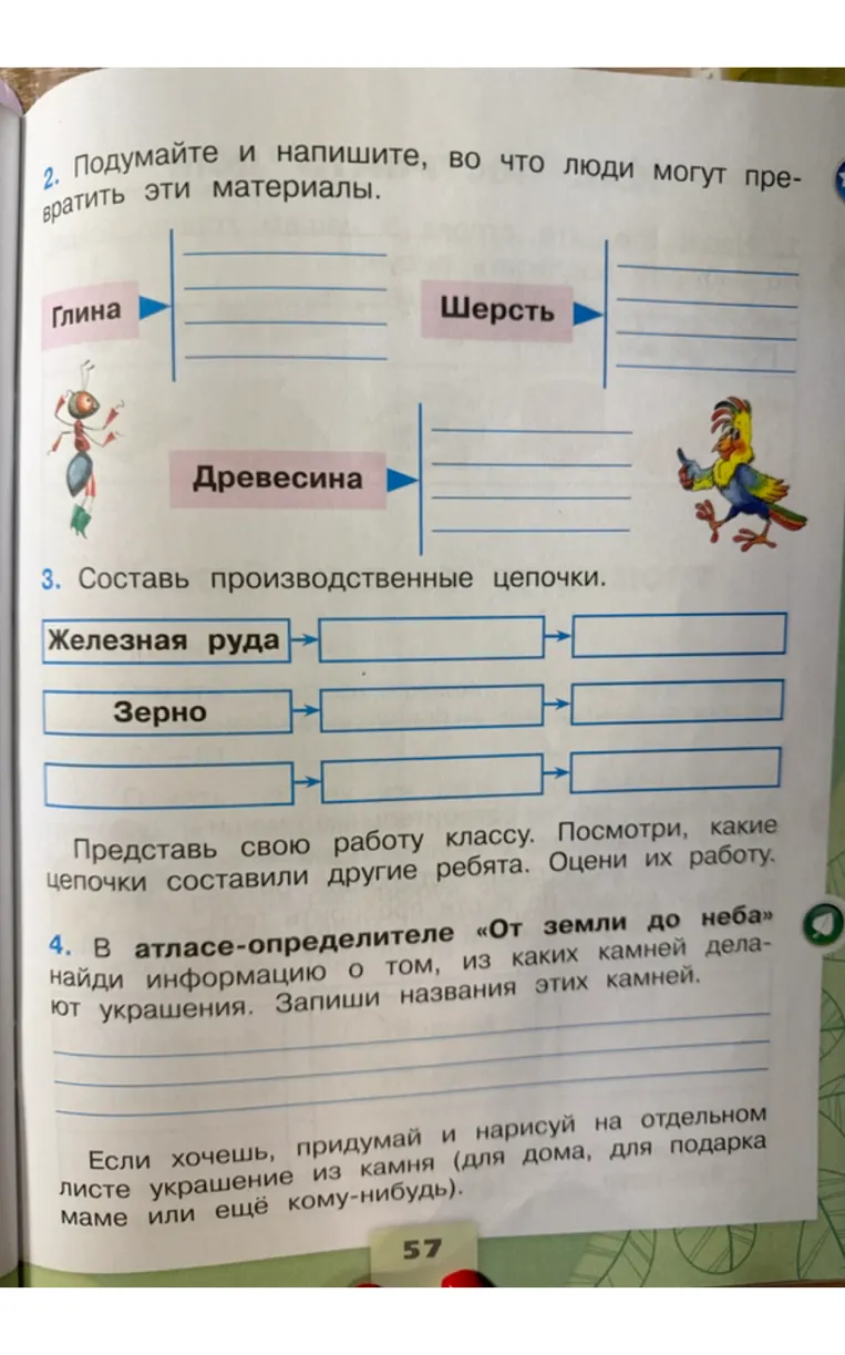 Подумайте и напишите, во что люди могут превратить эти материалы: глина, шерсть, древесина.