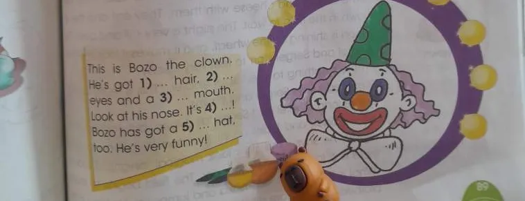 This is Bozo the clown. He's got 1) ... hair, 2) ... eyes and a 3) ... mouth.