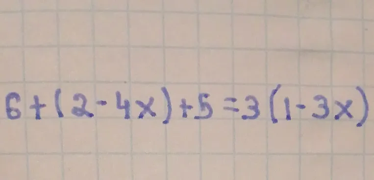 Решите уравнение 6 + (2 - 4x) + 5 = 3(1 - 3x)
