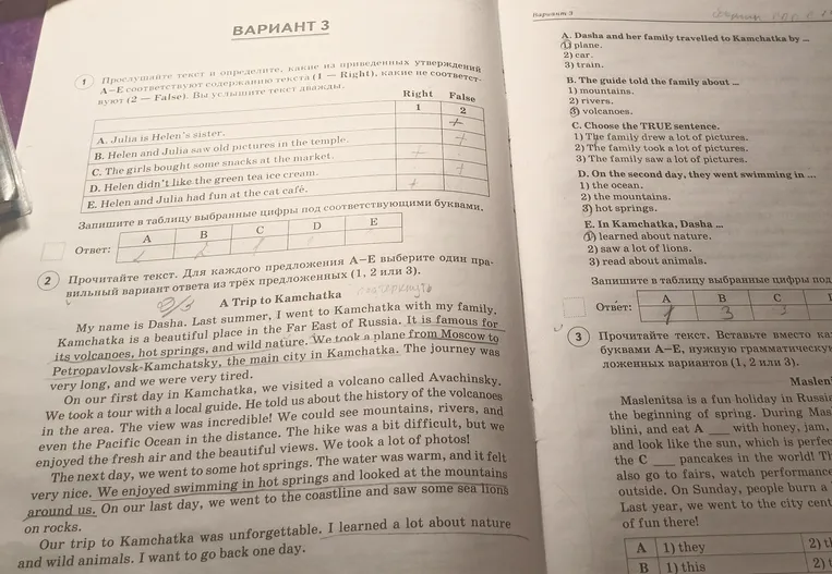 Прочитайте текст. Для каждого предложения A–E выберите один правильный вариант ответа из трёх предложенных (1, 2 или 3). A Trip to Kamchatka.