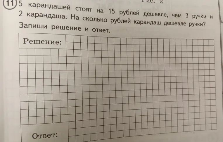 5 карандашей стоят на 15 рублей дешевле, чем 3 ручки и 2 карандаша. На сколько рублей карандаш дешевле ручки?