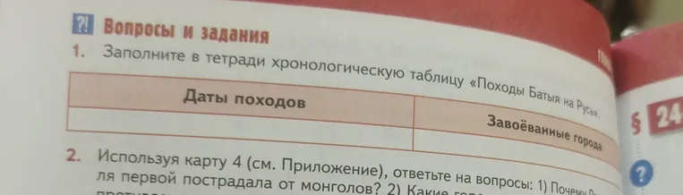 Заполните в тетради хронологическую таблицу «Походы Батыя на Русь»