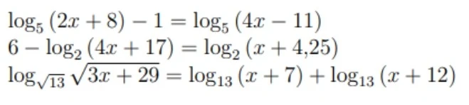 Решите логарифмические уравнения: log₅(2x+8) - 1 = log₅(4x-11); 6 - log₂(4x+17) = log₂(x+4,25); log_{√13}√{3x+29} = log₁₃(x+7) + log₁₃(x+12)