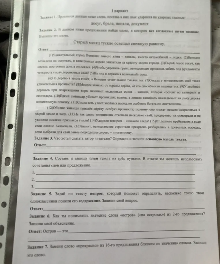 Выполни задания по тексту: расставь ударения, найди слово со звонкими согласными, определи основную мысль, составь план и ответь на вопросы.