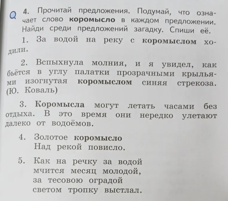 Прочитай предложения. Подумай, что означает слово коромысло в каждом предложении. Найди среди предложений загадку. Спиши её.