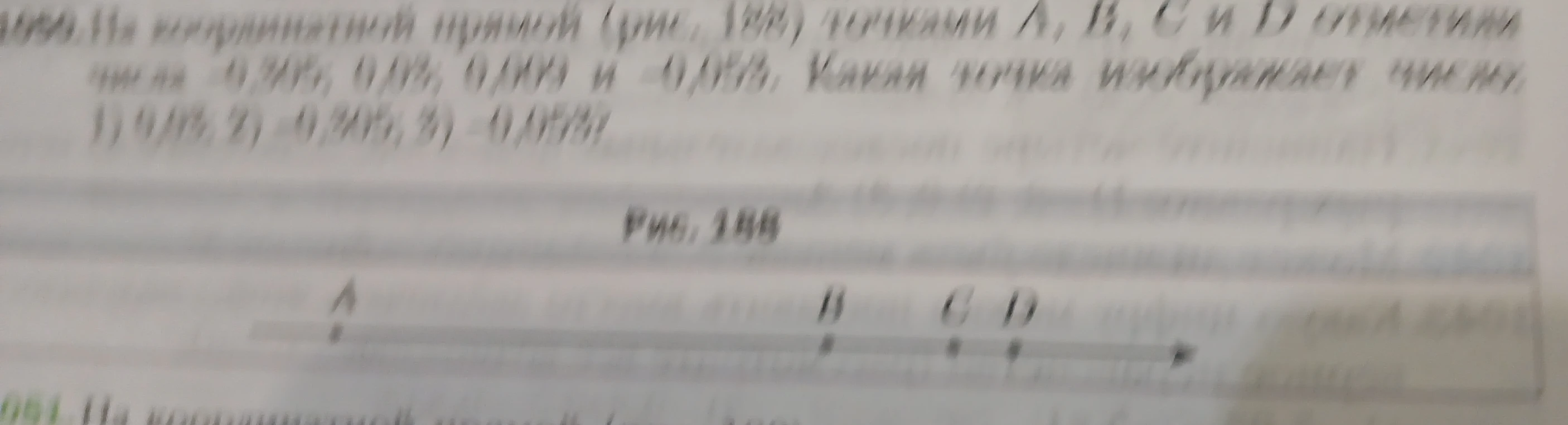 На координатной прямой (рис. 188) точками A, B, C и D отметили числа -0,305; 0,03; 0,009 и -0,053. Какая точка изображает число: 1) 0,03; 2) -0,305; 3) -0,053?