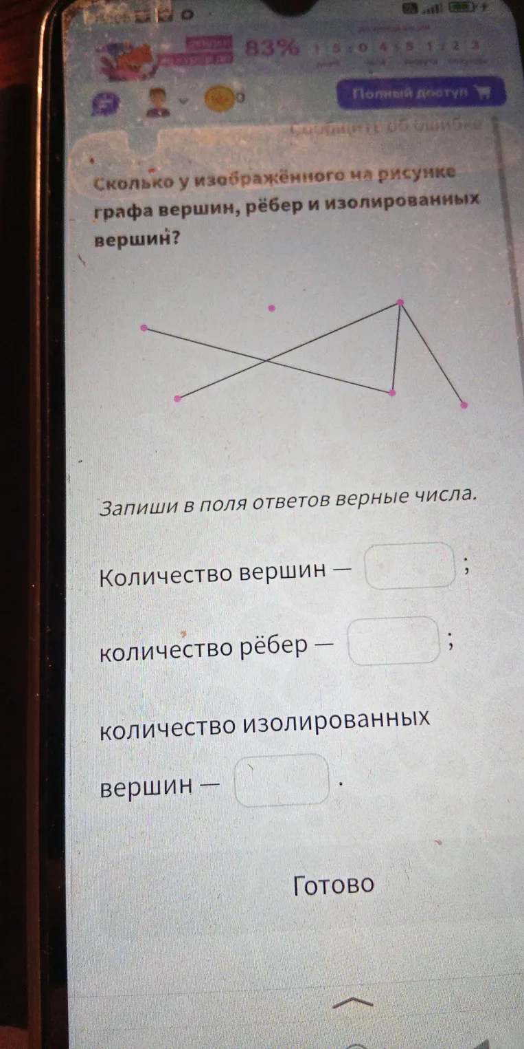 Сколько у изображённого на рисунке графа вершин, рёбер и изолированных вершин?