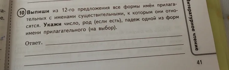 Выпиши из 12-го предложения все формы имён прилагательных с именами существительными, к которым они относятся. Укажи число, род (если есть), падеж одной из форм имени прилагательного (на выбор).