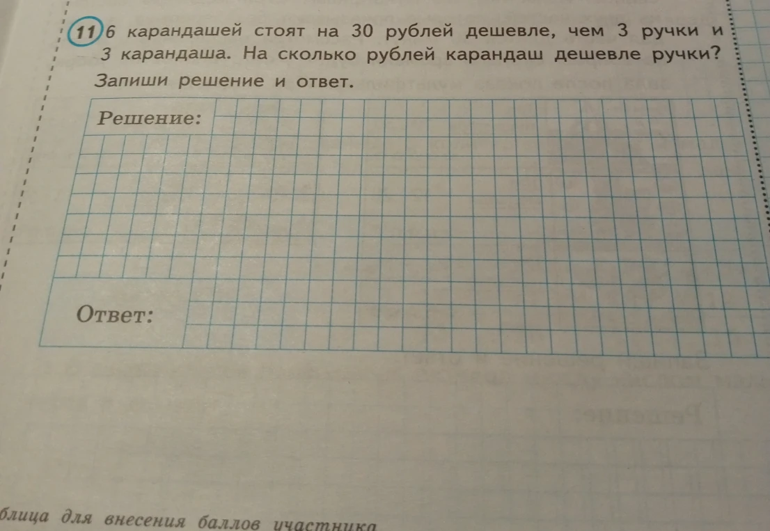 6 карандашей стоят на 30 рублей дешевле, чем 3 ручки и 3 карандаша. На сколько рублей карандаш дешевле ручки?