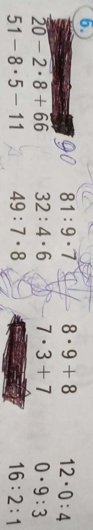 Решите примеры: 20 - 2 * 8 + 66, 51 - 8 * 5 - 11, 81 : 9 * 7, 32 : 4 * 6, 49 : 7 * 8, 8 * 9 + 8, 7 * 3 + 7, 12 * 0 : 4, 0 * 9 : 3, 16 : 2 : 1