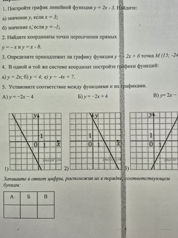 1. Постройте график линейной функции y = 2x - 3. Найдите: а) значение y, если x = 3; б) значение x, если y = -1; 2. Найдите координаты точки пересечения прямых y = -x и y = x - 8.