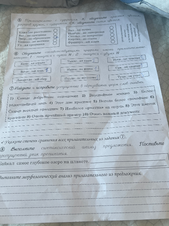 Выполните задания по русскому языку: правописание суффиксов прилагательных -к- и -ск-, -н- и -нн-, исправьте ошибки в образовании степеней сравнения и проведите синтаксический и морфологический разборы.