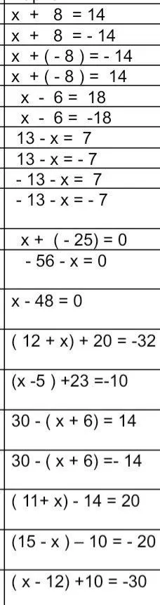 Решите уравнения: x + 8 = 14, x + 8 = -14, x + (-8) = -14, x + (-8) = 14 и другие.