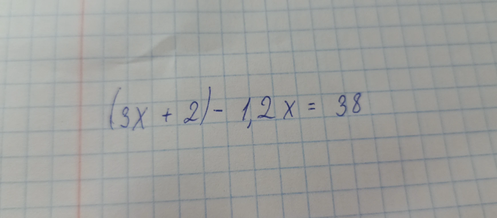 Решите уравнение (3x + 2) - 1,2x = 38