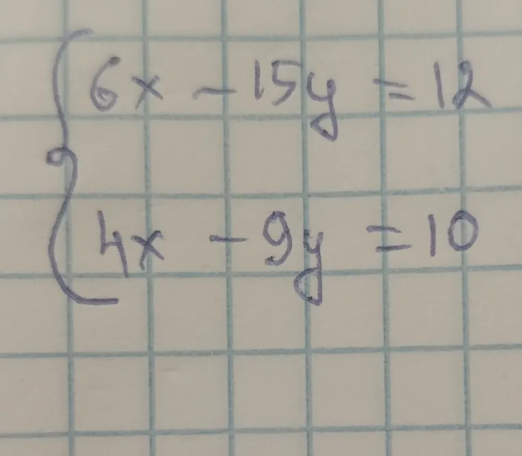 Решить систему уравнений: 6x - 15y = 12; 4x - 9y = 10
