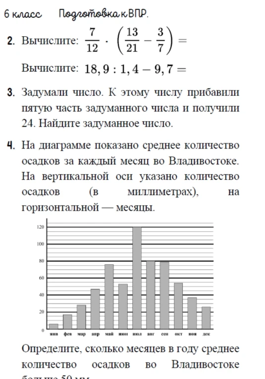 Вычислите: 7/12 * (13/21 - 3/7). Вычислите: 18,9 : 1,4 - 9,7. Задумали число. К этому числу прибавили пятую часть задуманного числа и получили 24. Найдите задуманное число. На диаграмме показано среднее количество осадков за каждый месяц во Владивостоке. Определите, сколько месяцев в году среднее количество осадков во Владивостоке больше 50 мм.