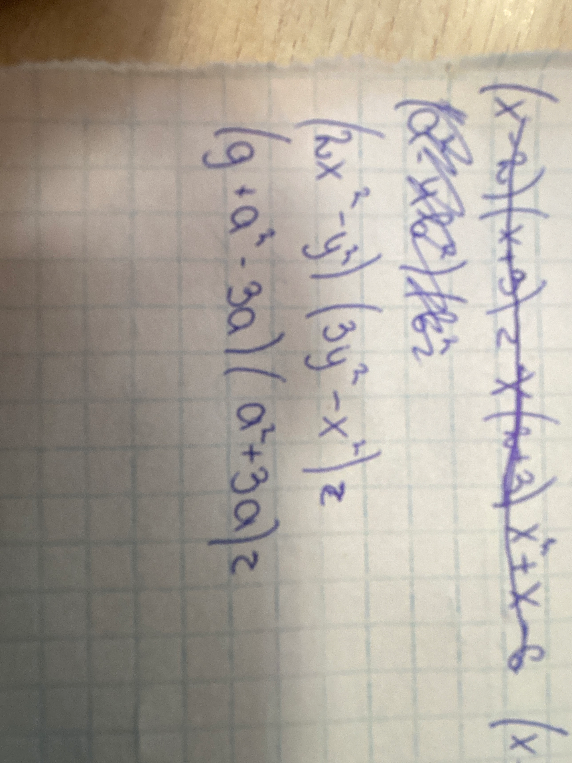 Выполните умножение многочленов: (x-2)(x+3); (2x^2 - y^2)(3y^2 - x^2); (9 + a^2 - 3a)(a^2 + 3a)