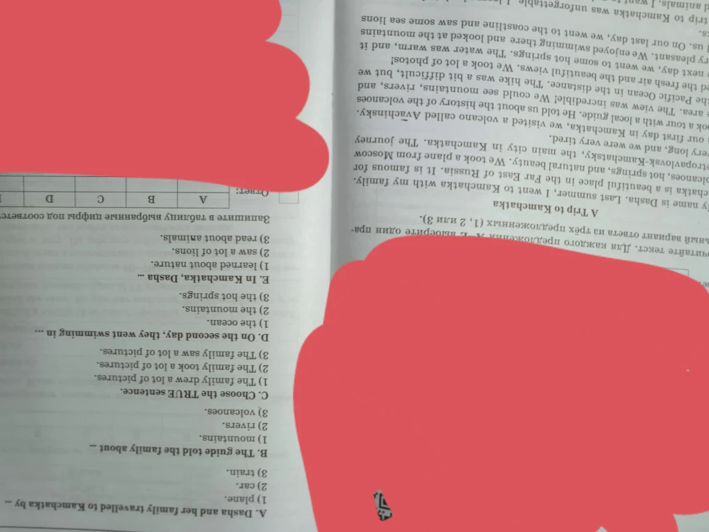 A. Dasha and her family travelled to Kamchatka by ... B. The guide told the family about ... C. Choose the TRUE sentence. D. On the second day, they went swimming in ... E. In Kamchatka, Dasha ...