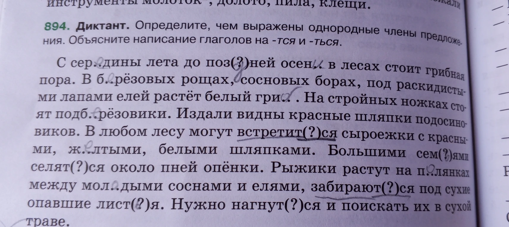 Диктант. Определите, чем выражены однородные члены предложения. Объясните написание глаголов на -тся и -ться.