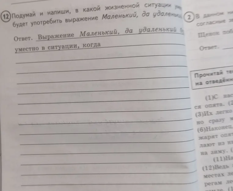 Подумай и напиши, в какой жизненной ситуации уместно будет употребить выражение Маленький, да удаленький.