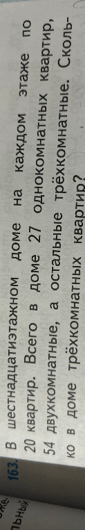 В шестнадцатиэтажном доме на каждом этаже по 20 квартир. Всего в доме 27 однокомнатных квартир, 54 двухкомнатные, а остальные трехкомнатные. Сколько в доме трехкомнатных квартир?