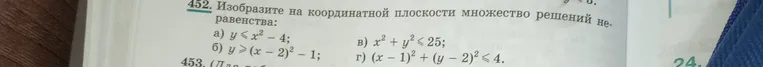 452. Изобразите на координатной плоскости множество решений неравенства:
а) y ≤ x² - 4; б) y ≥ (x - 2)² - 1; в) x² + y² ≤ 25; г) (x - 1)² + (y - 2)² ≤ 4.