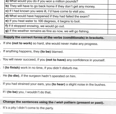 Supply the correct forms of the verbs (conditionals) in brackets. Change the sentences using the I wish pattern (present or past).