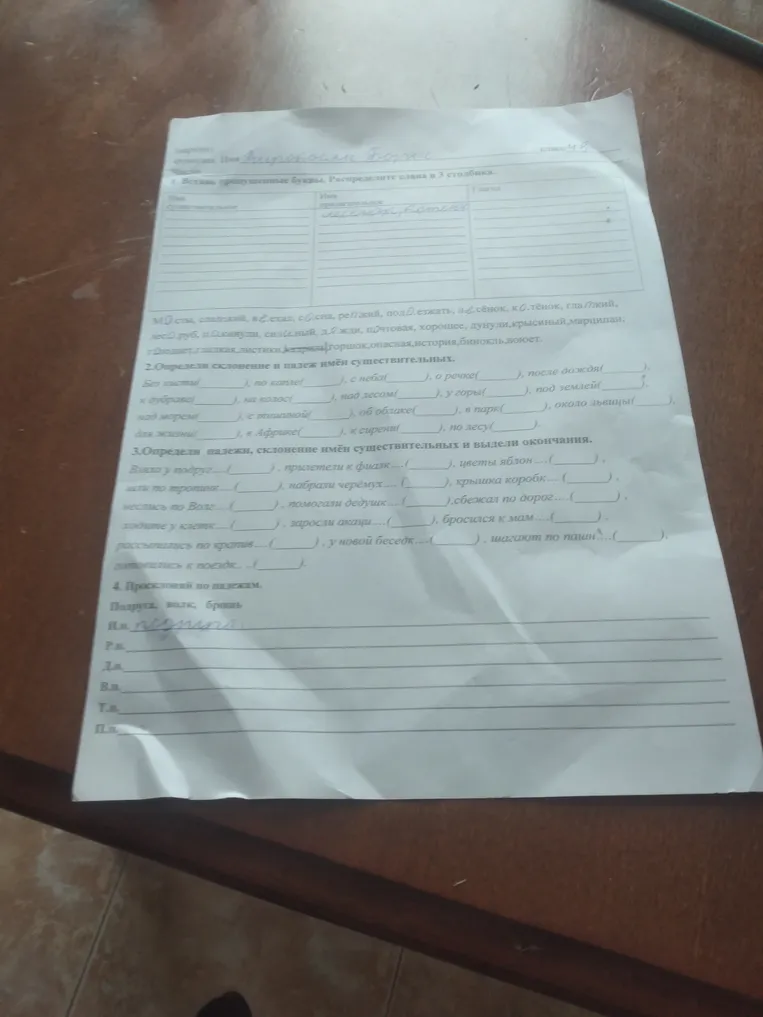 Определи склонение и падеж имён существительных.