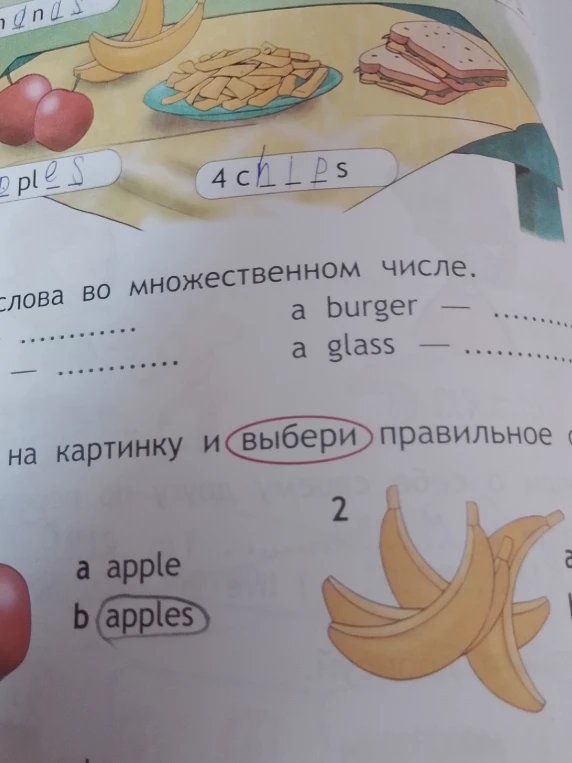 Напишите слова во множественном числе: a burger, a glass.