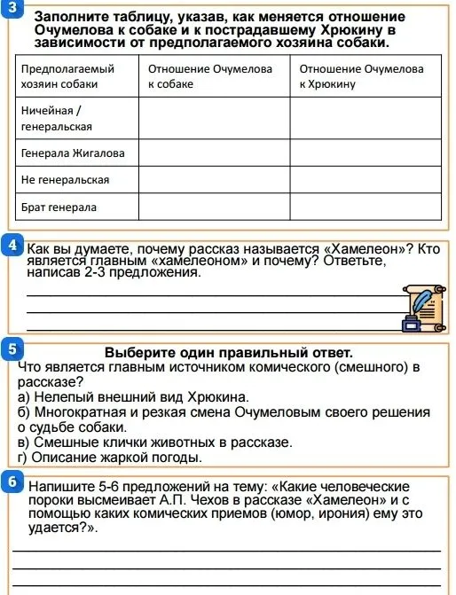 Заполните таблицу, указав, как меняется отношение Очумелова к собаке и к пострадавшему Хрюкину в зависимости от предполагаемого хозяина собаки.