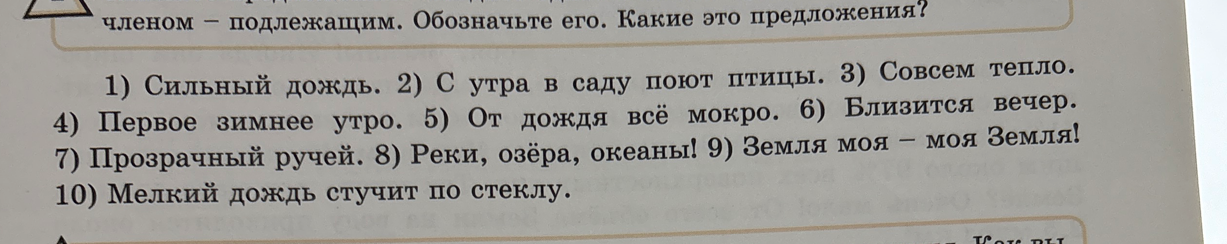 Сделайте синтаксический разбор предложений: 1) Сильный дождь. 2) С утра в саду поют птицы. 3) Совсем тепло. 4) Первое зимнее утро. 5) От дождя всё мокро. 6) Близится вечер. 7) Прозрачный ручей. 8) Реки, озёра, океаны! 9) Земля моя — моя Земля! 10) Мелкий дождь стучит по стеклу.