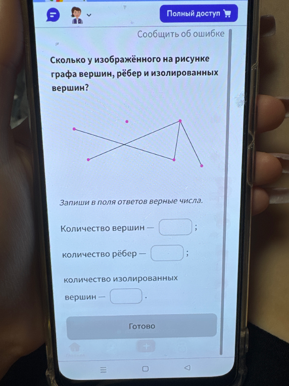 Сколько у изображённого на рисунке графа вершин, рёбер и изолированных вершин?