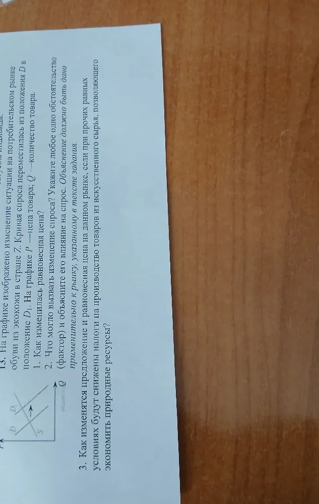 На графике изображено изменение ситуации на потребительском рынке обуви из экокожи в стране Z. Кривая спроса переместилась из положения D в положение D1.