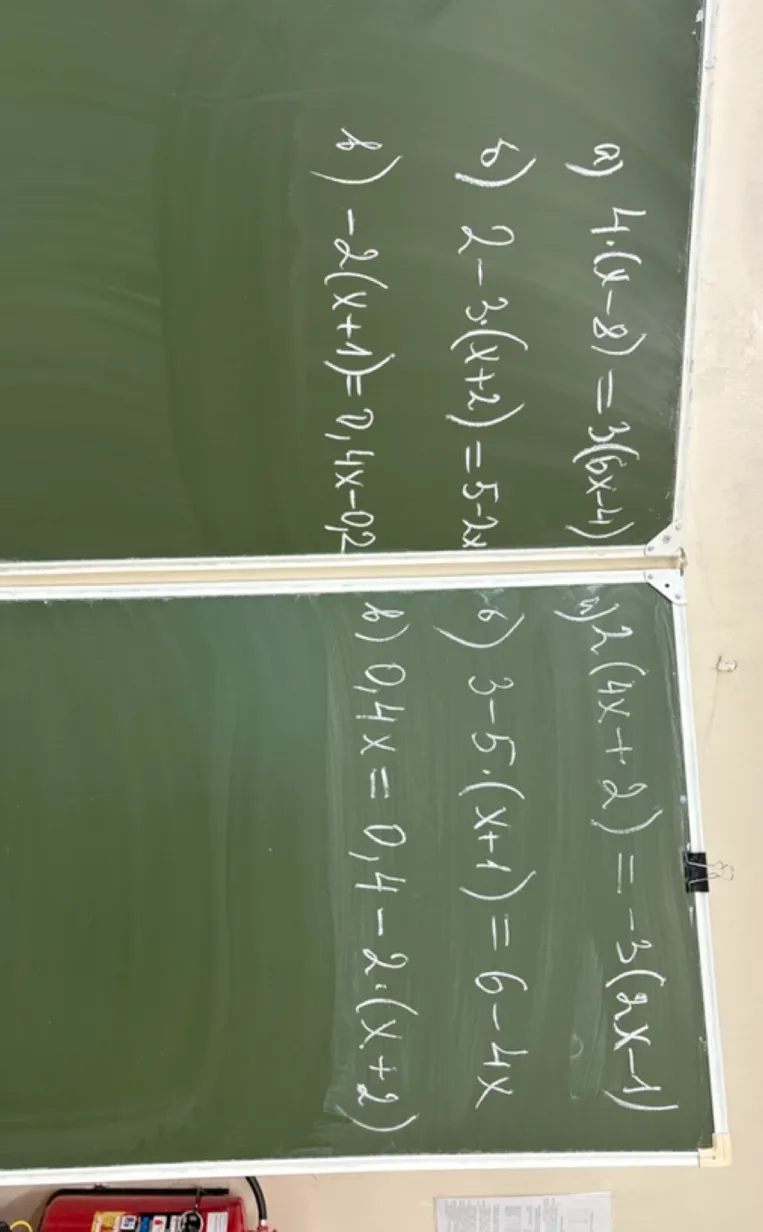 Решите уравнения: а) 4(x-8)=3(6x-4); б) 2-3(x+2)=5-2x; в) -2(x+1)=0,4x-0,2; а) 2(4x+2)=-3(2x-1); б) 3-5(x+1)=6-4x; в) 0,4x=0,4-2(x+2)